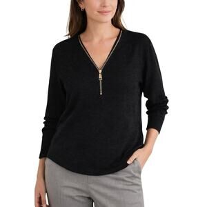 Soft Surroundings Black Zip-Front Knit Top | Career Chic | L